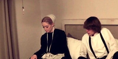 Blonde housemaid blows a horny guy and gives him some pussy