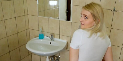 Cute blonde is fucked in the toilet next to a cuckold boyfriend