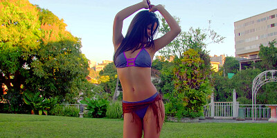 Petite latina Sarah Delgado caresses herself outdoors solo