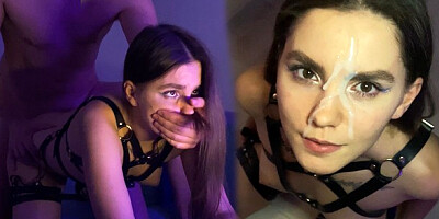 Hot Brunette In Harness Sucks And Jumps On My Dick - Just Look At Her Pretty Cum Face On 12:10!