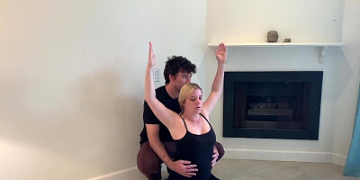 Thick blonde MILF doing yoga and fucking her stepson