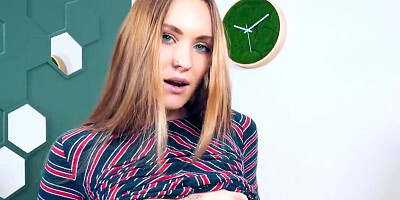 Petite blonde spreads her long legs in a solo video