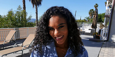 Curly-haired ebony sucks and rides white prick in POV