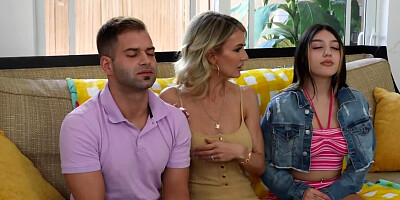 Blonde MILF teaches stepdaughter how to handle a cock