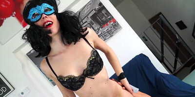 Masked Italian man playing with a kinky petite mistress