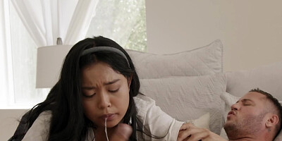 Petite chick Luna Mills sucks a hard cock and rides it