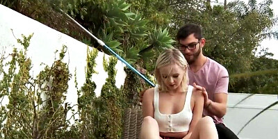 Young petite blonde is stretched out by the pool boy