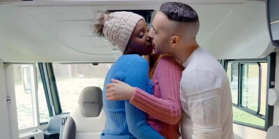 Bald ebony chick has a threesome with a pale redhead