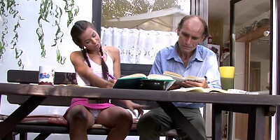 Pigtailed girl sucks and rides the BWC of an older man