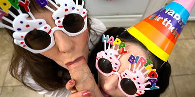 Mature stepmom Melody Mynx and MILF stepsis giving blowjob for birthday