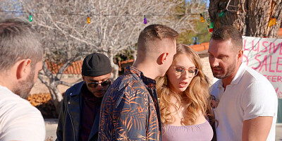 Busty cougar is face-fucked outside by a horny fellows