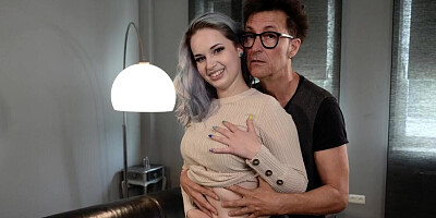 Pale girl with blue hair is filmed before the threesome