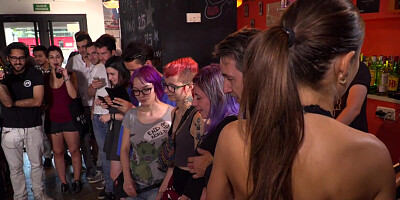 Public slut drinks piss and cum in front of voyeurs