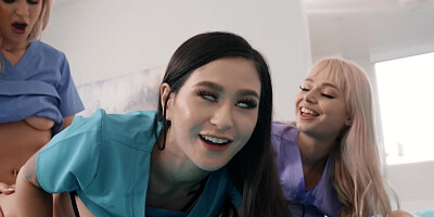 Dirty lesbians are playing with a big strap-on in this threesome