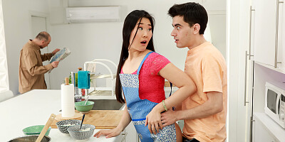 Long-haired bombshell Katana pleasures lucky dude in the kitchen
