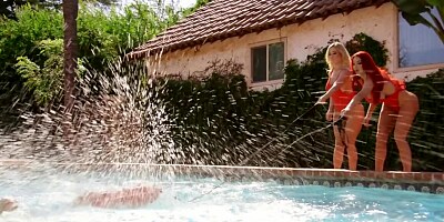 Boy rescued by busty lifeguards who also take care of his boner