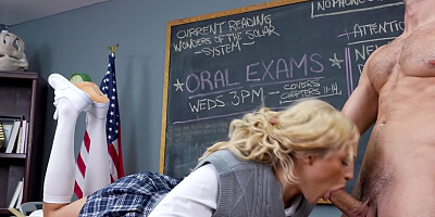 Thick blonde bitch wearing a student outfit while banged
