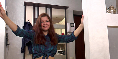 Petite redhead Rebecca Fox fucks herself in the kitchen