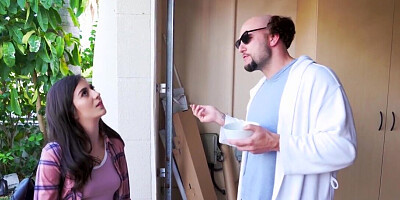 Bald man having a threesome with two nasty young sluts