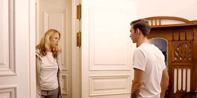 Mature blonde woman has bathroom sex with a lad