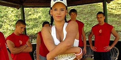 A girl gangbangs the entire basketball team