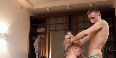 Busty blonde woman is helping the handsome student cum