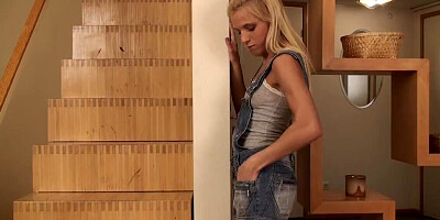 Good blonde girl petting her virginal pussy on camera