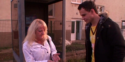 A skinny pervert picks up a blonde grandma and gets a BJ