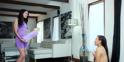 A shy Asian girl is doing some naked yoga with a dyke