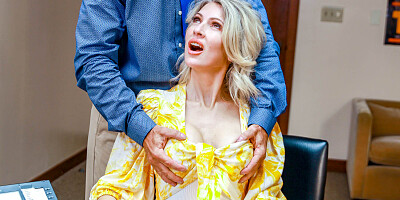 Fake titty housewife bends over for dick