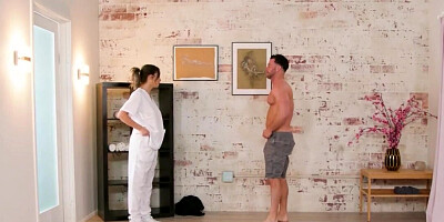 Pierced cutie gives a massage and sucks his massive dong