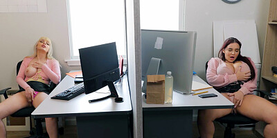 Two busty colleagues masturbate at work