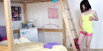 Petite Tellula Rose with natural tits explores her body