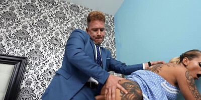 Inked girl sucks a cock and takes it from behind deeply