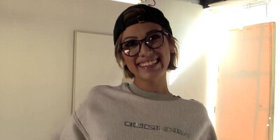 Aubrey Luna wearing glasses and giivng a blowjob