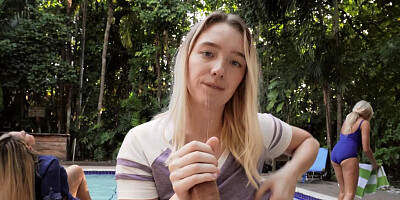 Juliette Mint sucks and rides a hard cock by the swimming pool