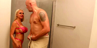 Bad Bella giving a handjob in the shower to a baldie