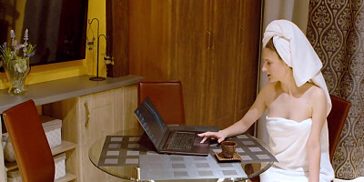 Chick gets horny watching porn and plays with her pussy