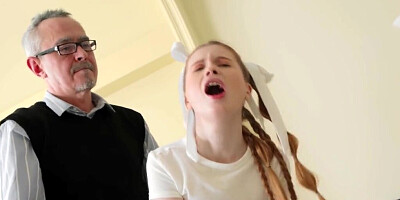 Pale pigtailed blonde is moaning while an old man fucks