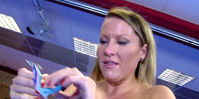 Busty blonde deepthroats on a hard cock and fucks on the floor