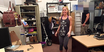 Blonde girl swallows spunk after being fucked by shop owner