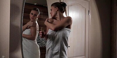 Girl with huge tits covered in oil masturbating hard