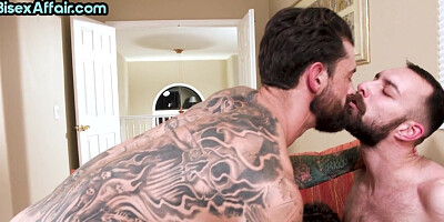 Bisex babe fucked and jizzed in MMF 3some on massage