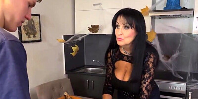 Brunette in black has nothing against sucking him off