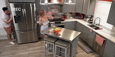 Sexy petite Natalia Queen rides stud's cock in the kitchen