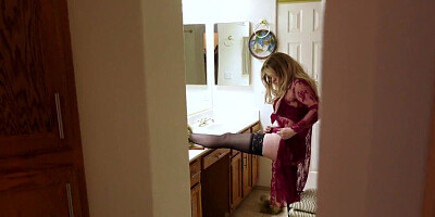 Stepmom prepares for bed while stepson masturbates