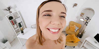 Babe Poppy Pleasure sucks dick in VR and rides bf's cock