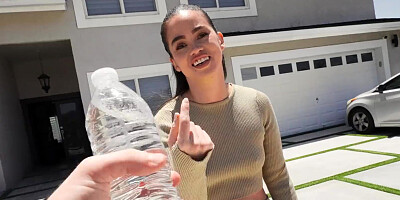 Angelina Moon sucks and rides a big cock in the storage room