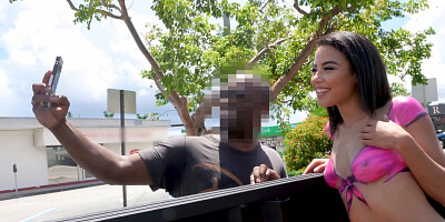 Public loving with a tiny brunette named Maya Bijou