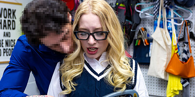 Blondie in cute glasses gets rammed from behind HARD